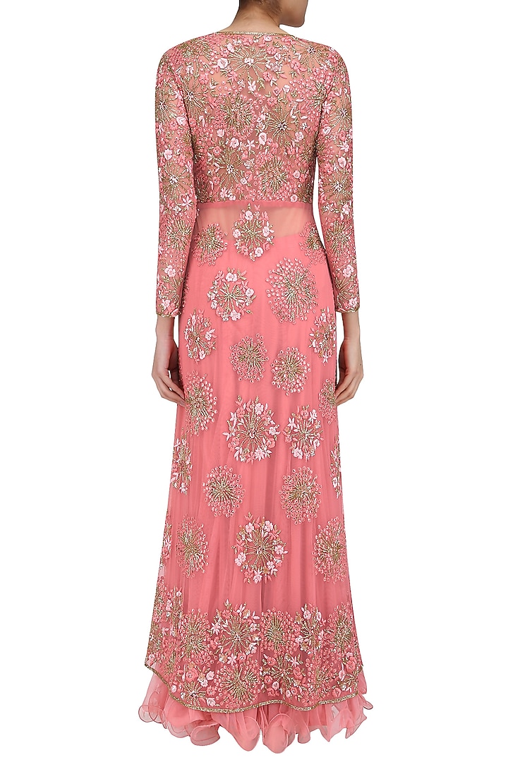 Pink floral sequins and beads embroidered front open jacket and skirt set available only at Pernia's Pop Up Shop.
