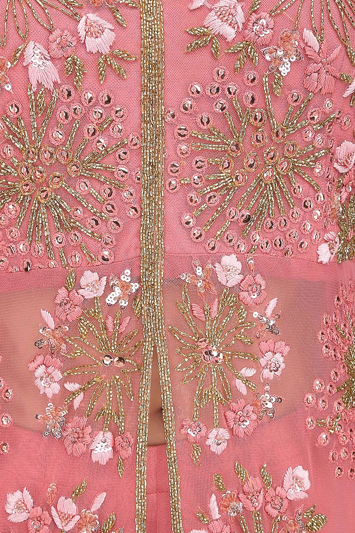 Pink floral sequins and beads embroidered front open jacket and skirt set available only at Pernia's Pop Up Shop.