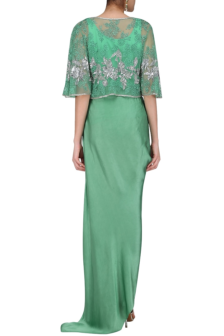 Emerald green floral thread and sequins embroidered circular cape and drape skirt set available only at Pernia's Pop Up Shop.