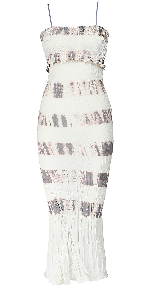 Sleeveless off white and mushroom strappy dress with a bias cut discharge in reverse satin available only at Pernia's Pop-Up Shop