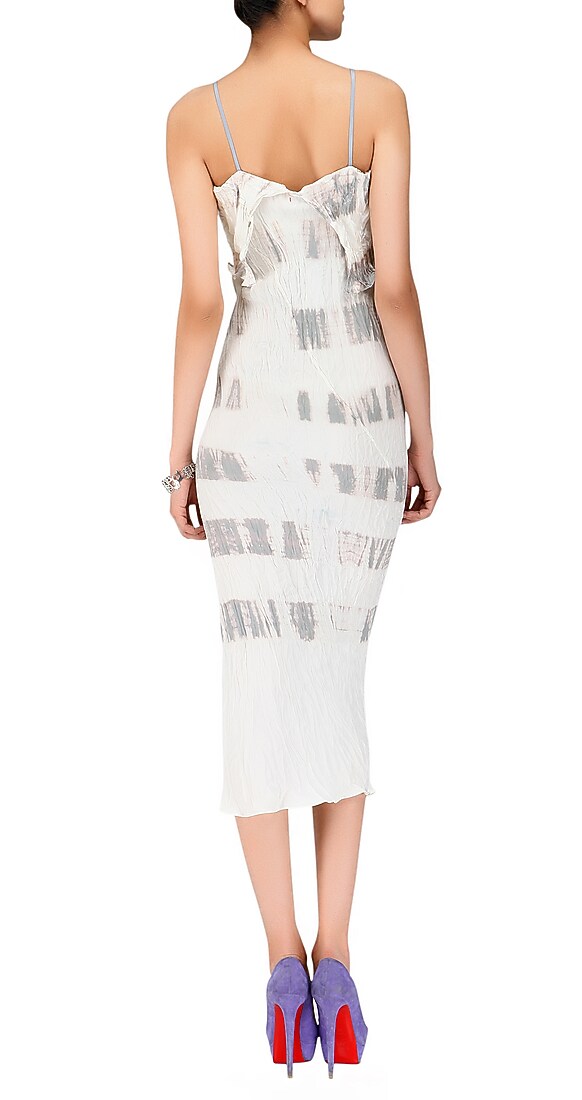 Sleeveless off white and mushroom strappy dress with a bias cut discharge in reverse satin available only at Pernia's Pop-Up Shop