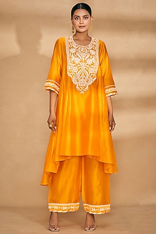 Orange Chanderi Embroidered Kalidar Kurta by Gulabo By Abu Sandeep