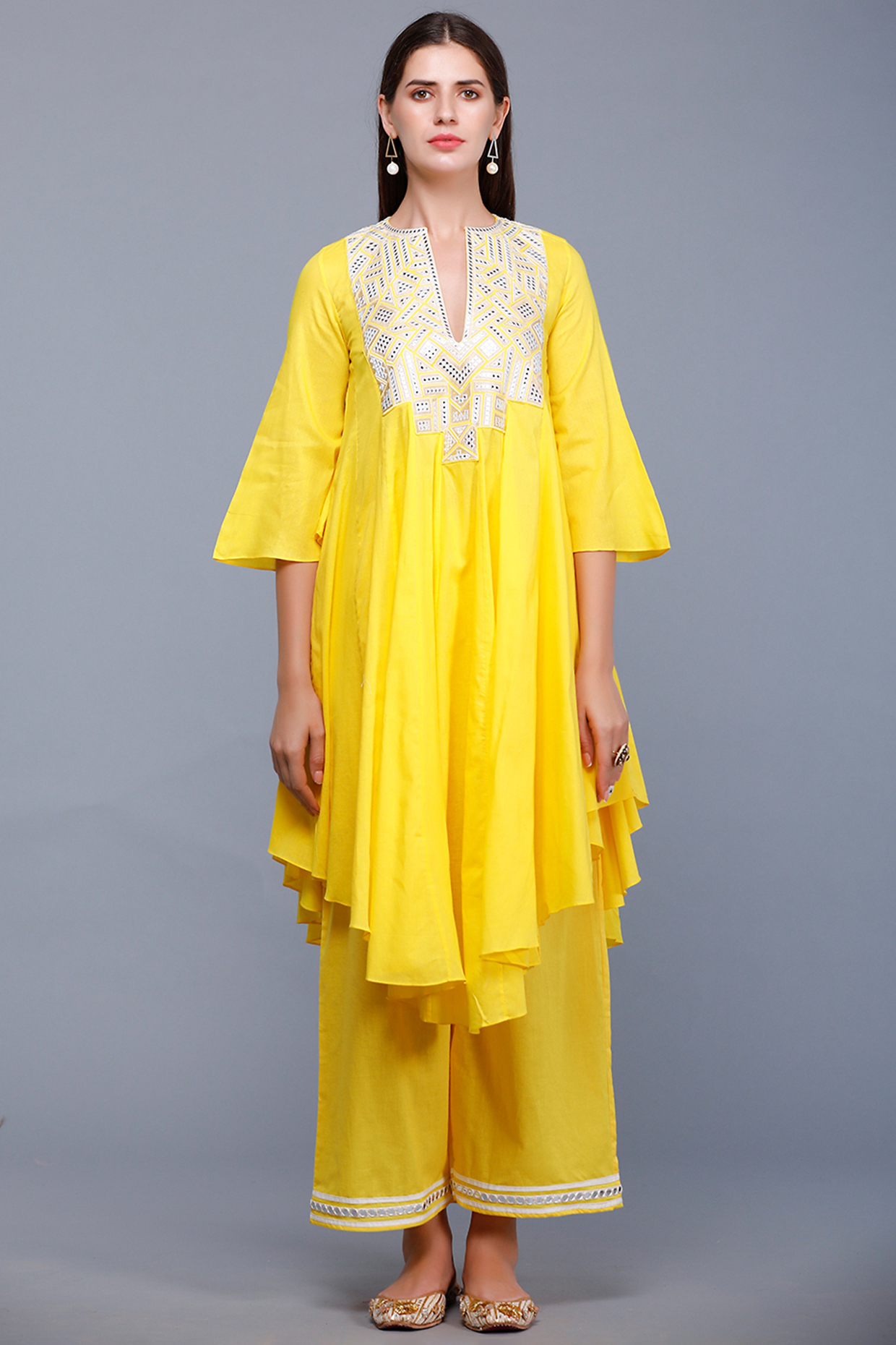 Bright Yellow Embroidered Oversized Circular Kurta by Gulabo By Abu Sandeep at Pernia's Pop Up Shop