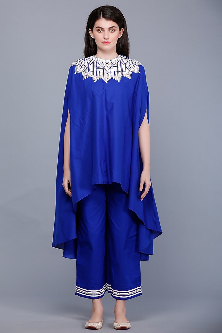 Royal Blue Embroidered Oversized Circular Cape by Gulabo By Abu Sandeep at Pernia's Pop Up Shop