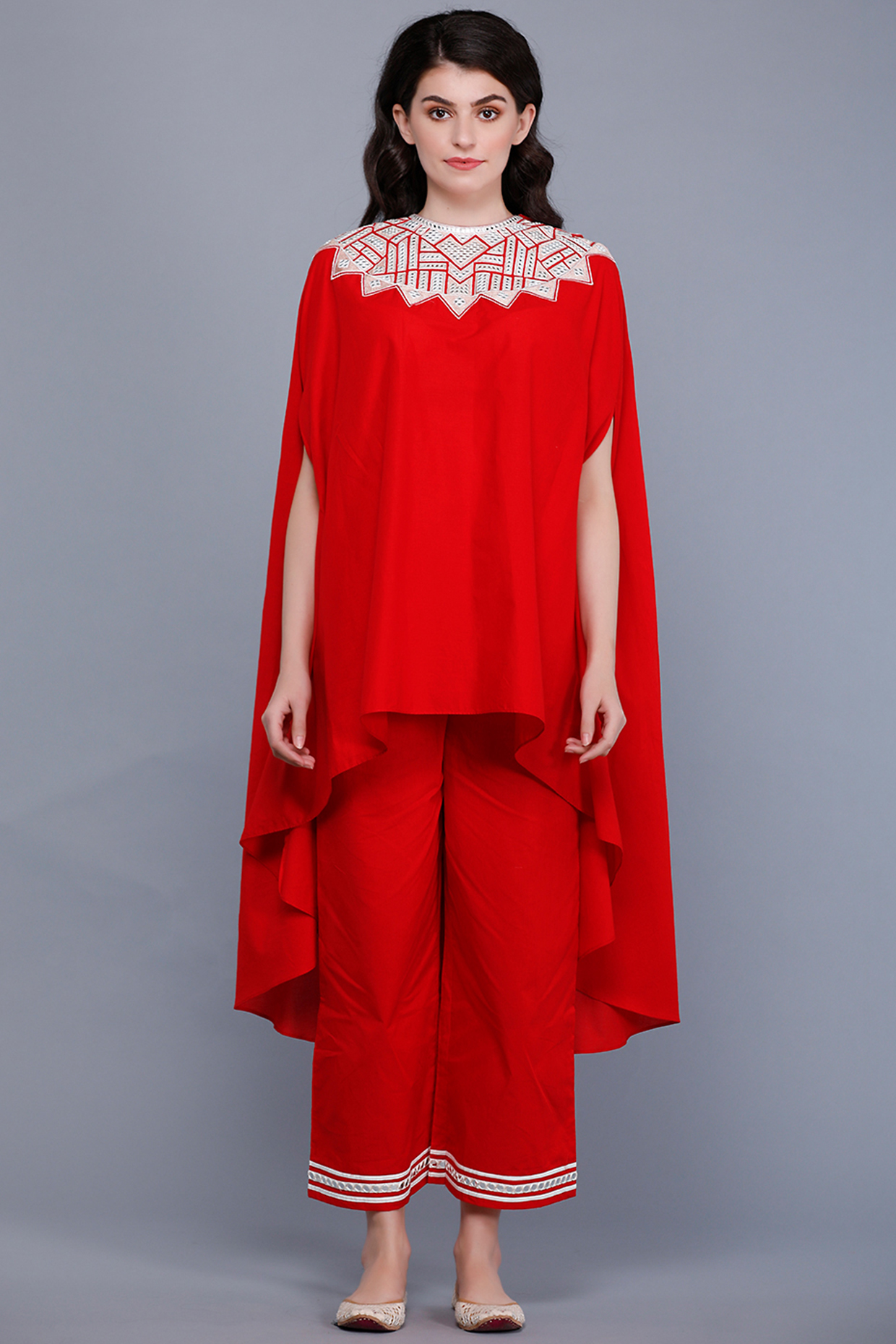 Bright Red Embroidered Oversized Circular Cape by Gulabo By Abu Sandeep at Pernia's Pop Up Shop