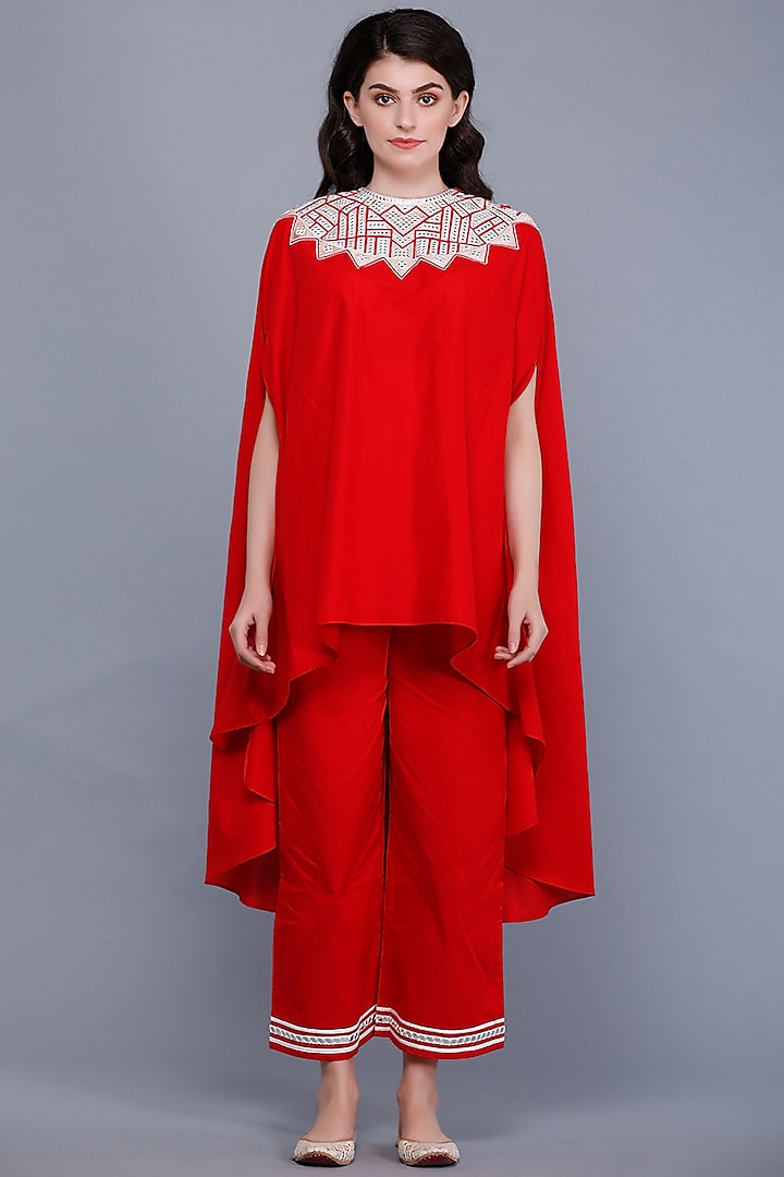 Bright Red Embroidered Oversized Circular Cape by Gulabo By Abu Sandeep at Pernia's Pop Up Shop