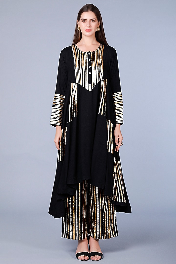 Black Embroidered Asymmetrical Multi-Kalidar Kurta by Gulabo By Abu Sandeep at Pernia's Pop Up Shop