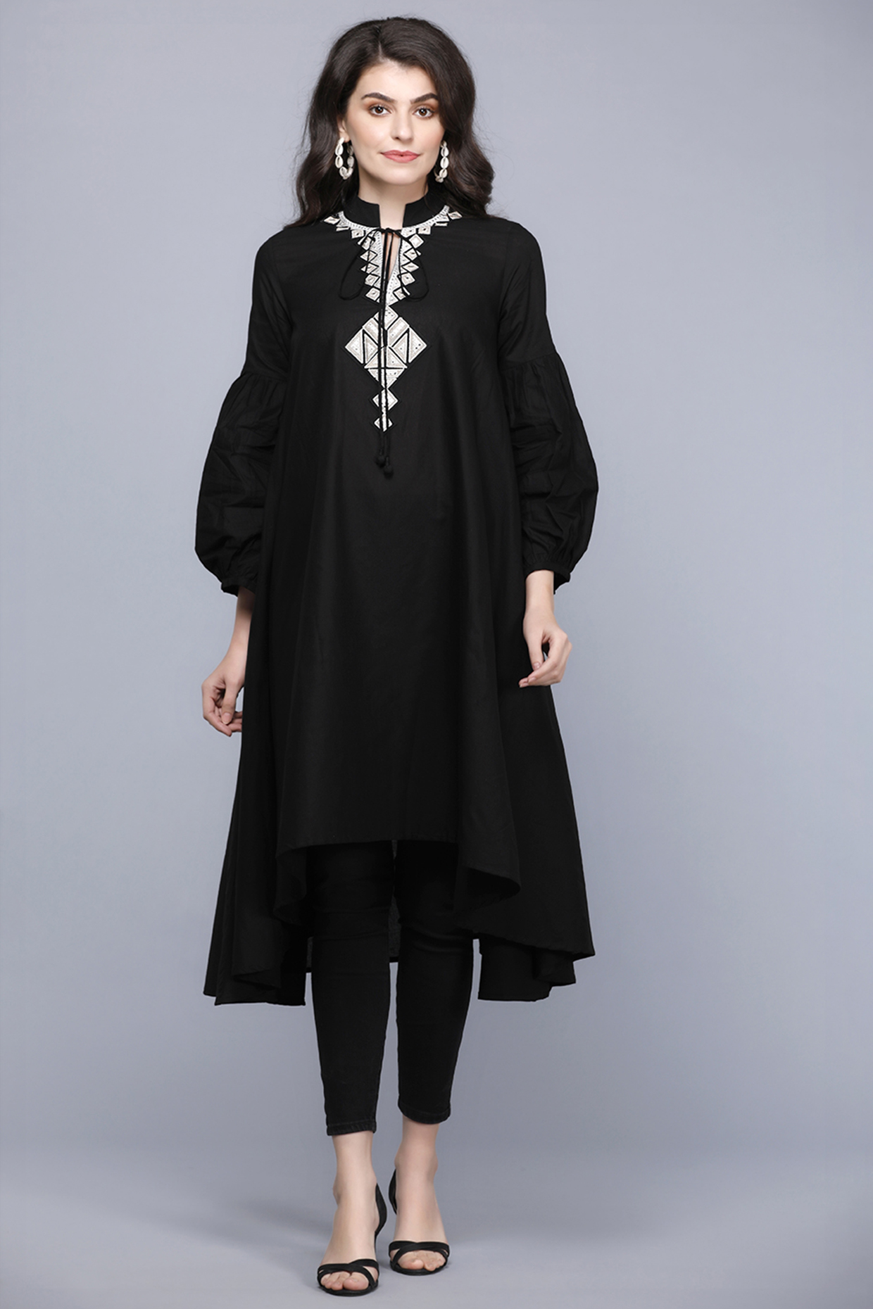 Black Embroidered Asymmetrical Circular Tunic by Gulabo By Abu Sandeep at Pernia's Pop Up Shop