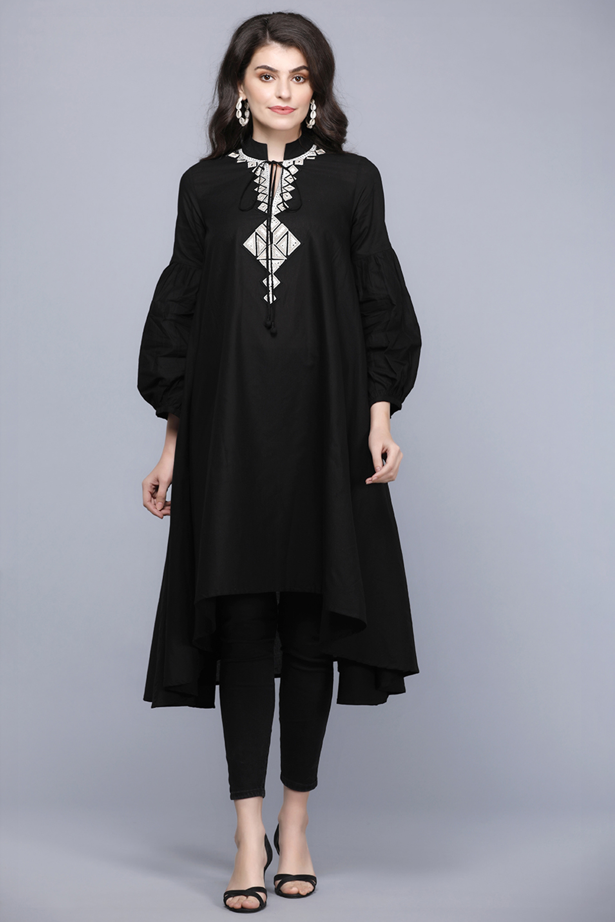 Black Embroidered Asymmetrical Circular Tunic by Gulabo By Abu Sandeep