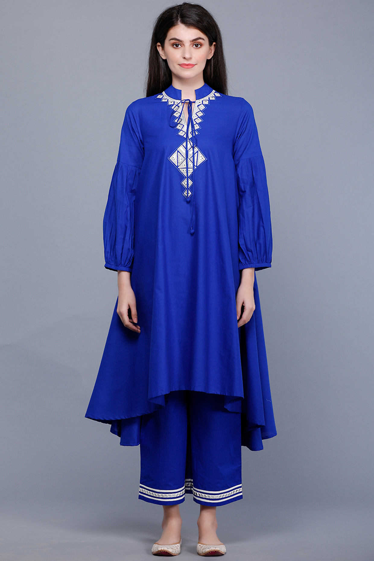 Royal Blue Embroidered Asymmetrical Circular Tunic by Gulabo By Abu Sandeep at Pernia's Pop Up Shop