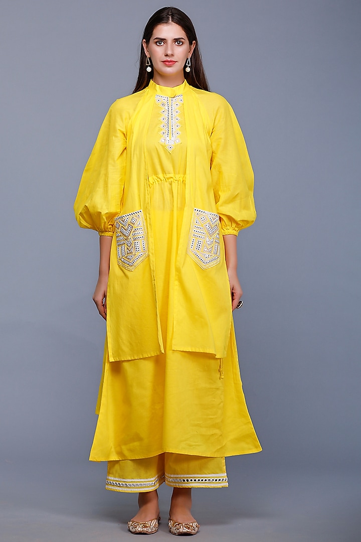 Bright Yellow Embroidered Layered Tunic by Gulabo By Abu Sandeep