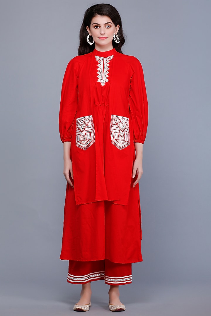 Bright Red Embroidered Layered Tunic by Gulabo By Abu Sandeep