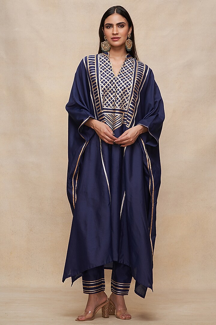 Indigo Pure Chanderi Silk Gota Work Pencil Pants by Gulabo By Abu Sandeep at Pernia's Pop Up Shop