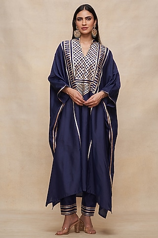 Indigo Pure Chanderi Silk Gota Work Pencil Pants by Gulabo By Abu Sandeep
