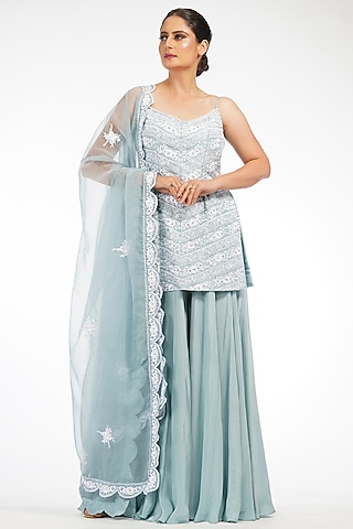 Ice Blue Sharara Set In Crepe by Shruti S