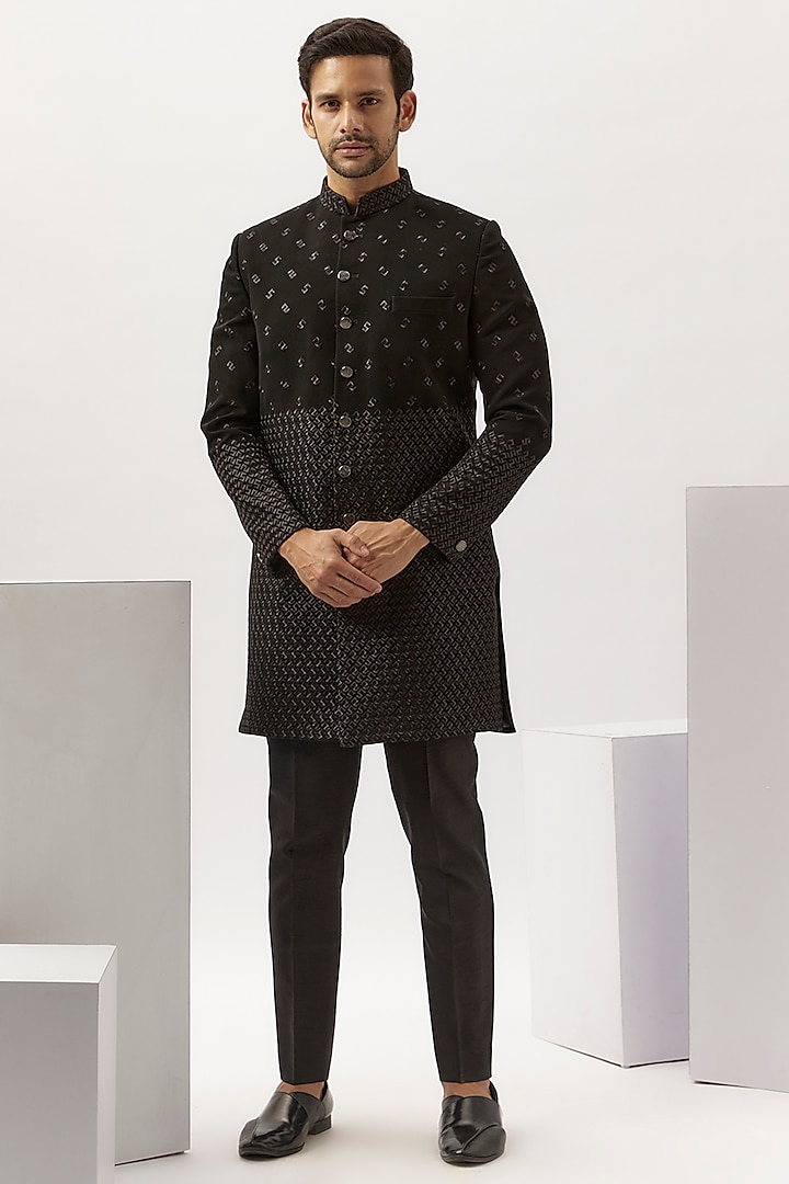 Black Japanese Stretch Jaal Embroidered Sherwani Set by SVEN SUITS