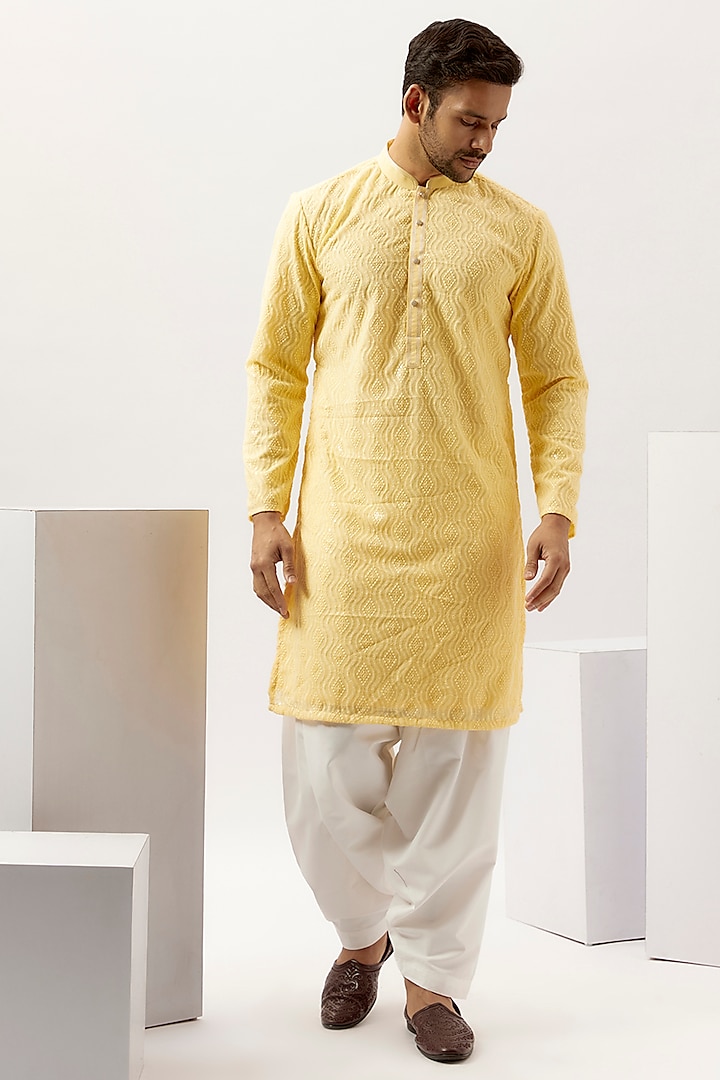 Yellow Georgette Motif Embroidered Kurta Set by SVEN SUITS