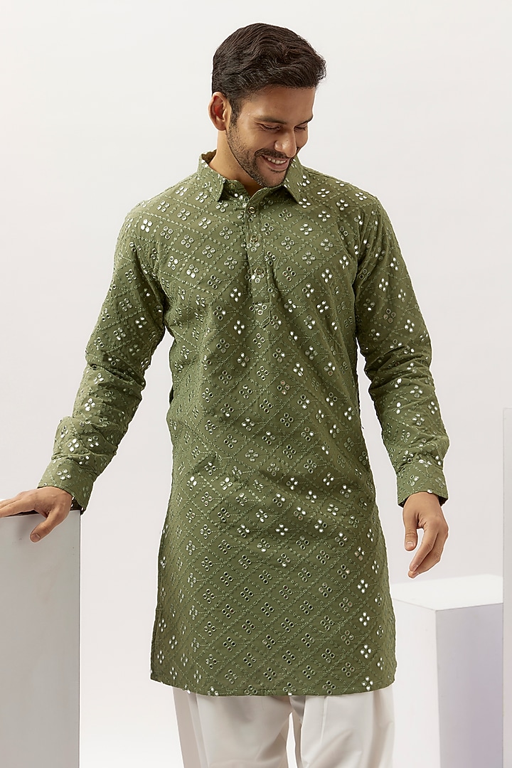 Mehendi Green Georgette Mirror Embroidered Pathani Kurta Set by SVEN SUITS at Pernia's Pop Up Shop