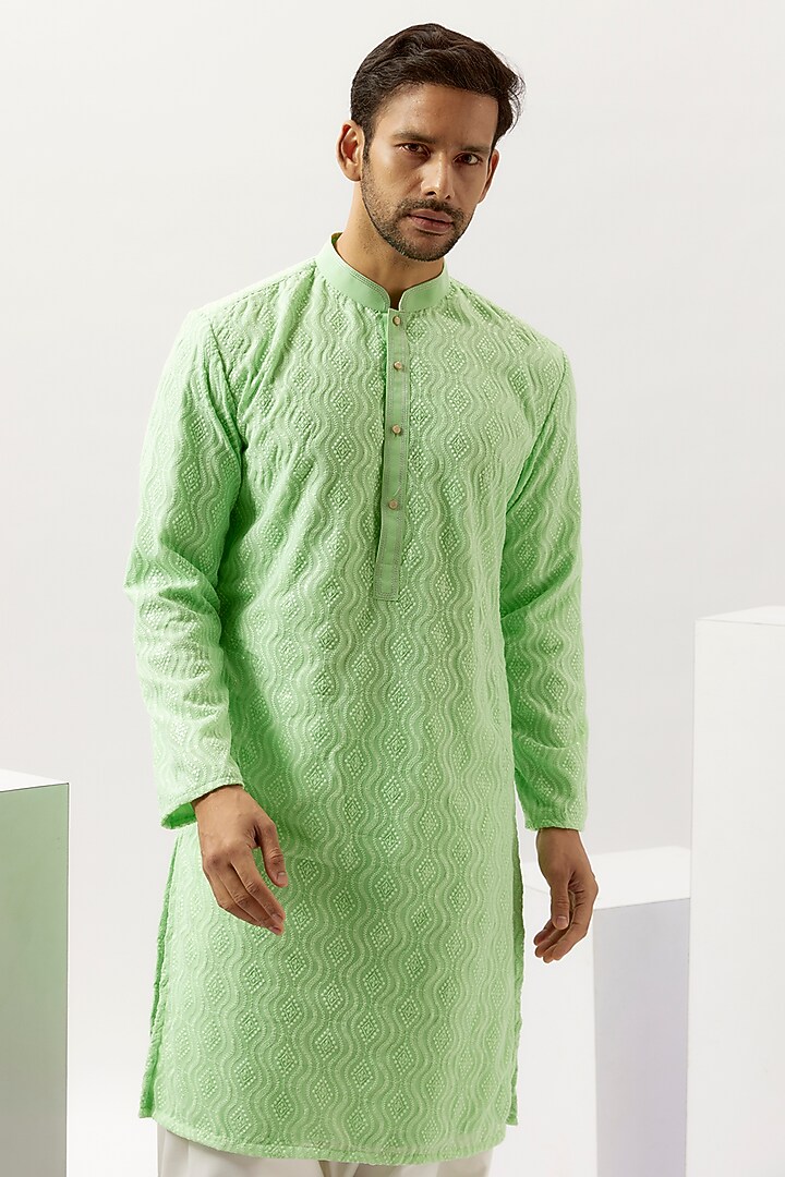 Lime Green Georgette Motif Embroidered Kurta Set by SVEN SUITS at Pernia's Pop Up Shop