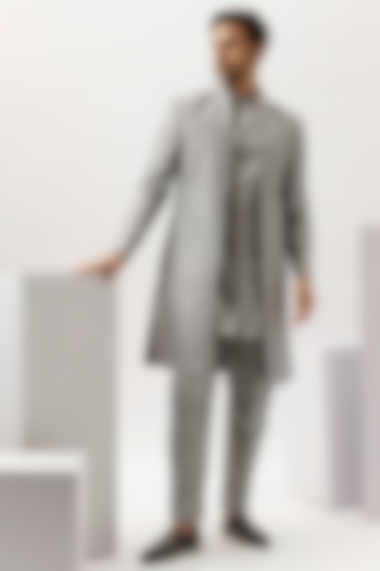 Ice Grey Faux Silk Sequins Embroidered Groom Indowestern Set by SVEN SUITS at Pernia's Pop Up Shop