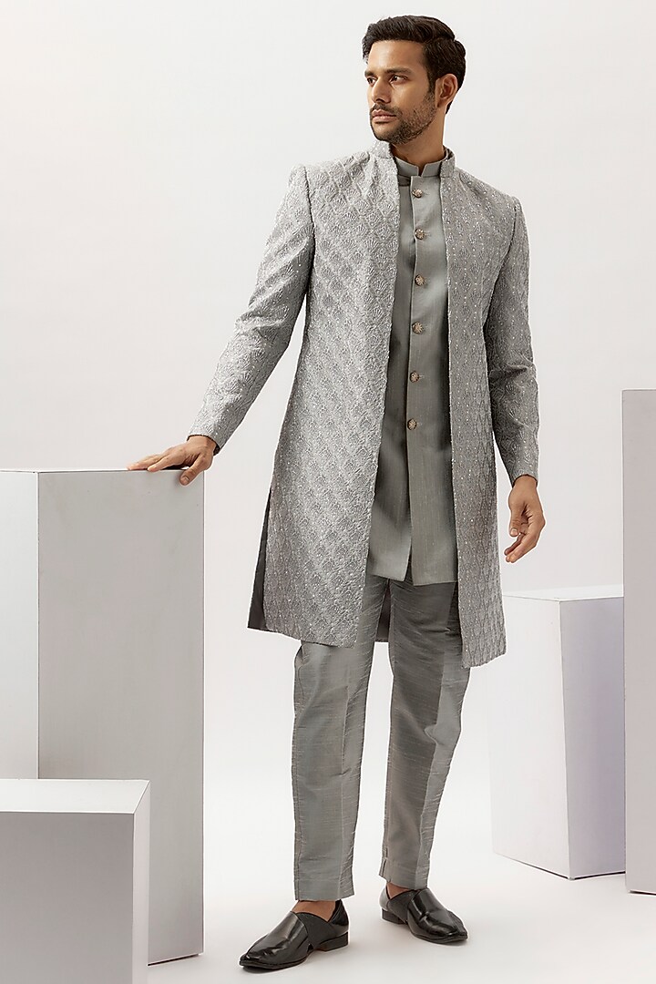 Ice Grey Faux Silk Sequins Embroidered Groom Indowestern Set by SVEN SUITS at Pernia's Pop Up Shop