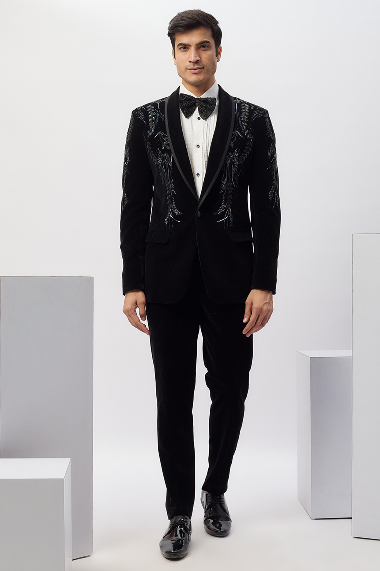 Black Velvet Hand Embroidered Tuxedo Set by SVEN SUITS
