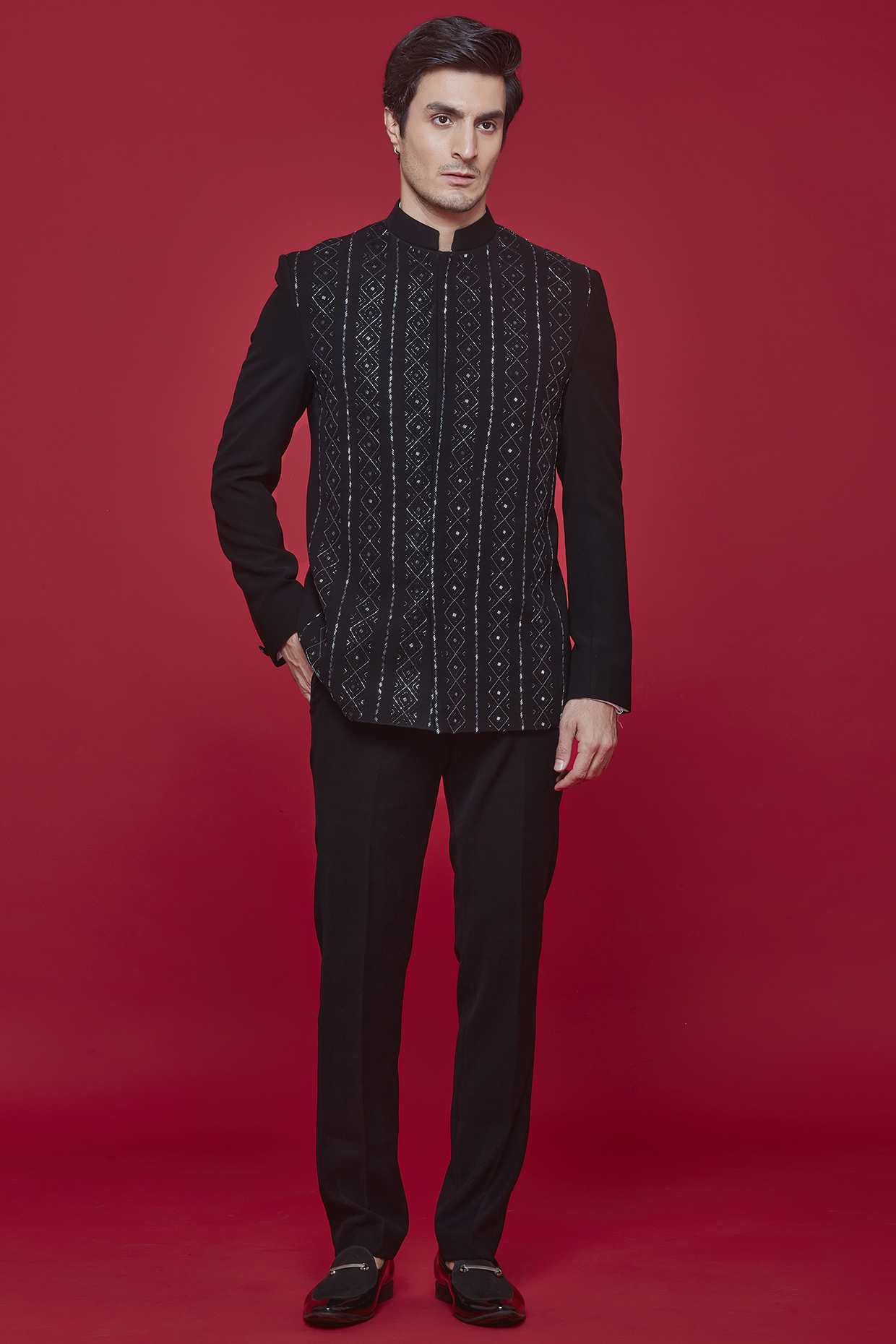 Black Polyester Viscose Embroidered Wedding Bandhgala Set by SVEN SUITS at Pernia's Pop Up Shop