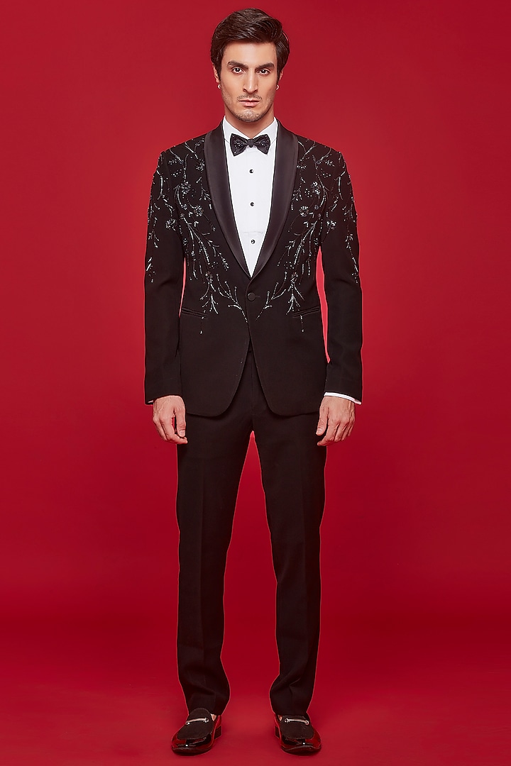 Black Polyester Viscose Embroidered Tuxedo Set by SVEN SUITS
