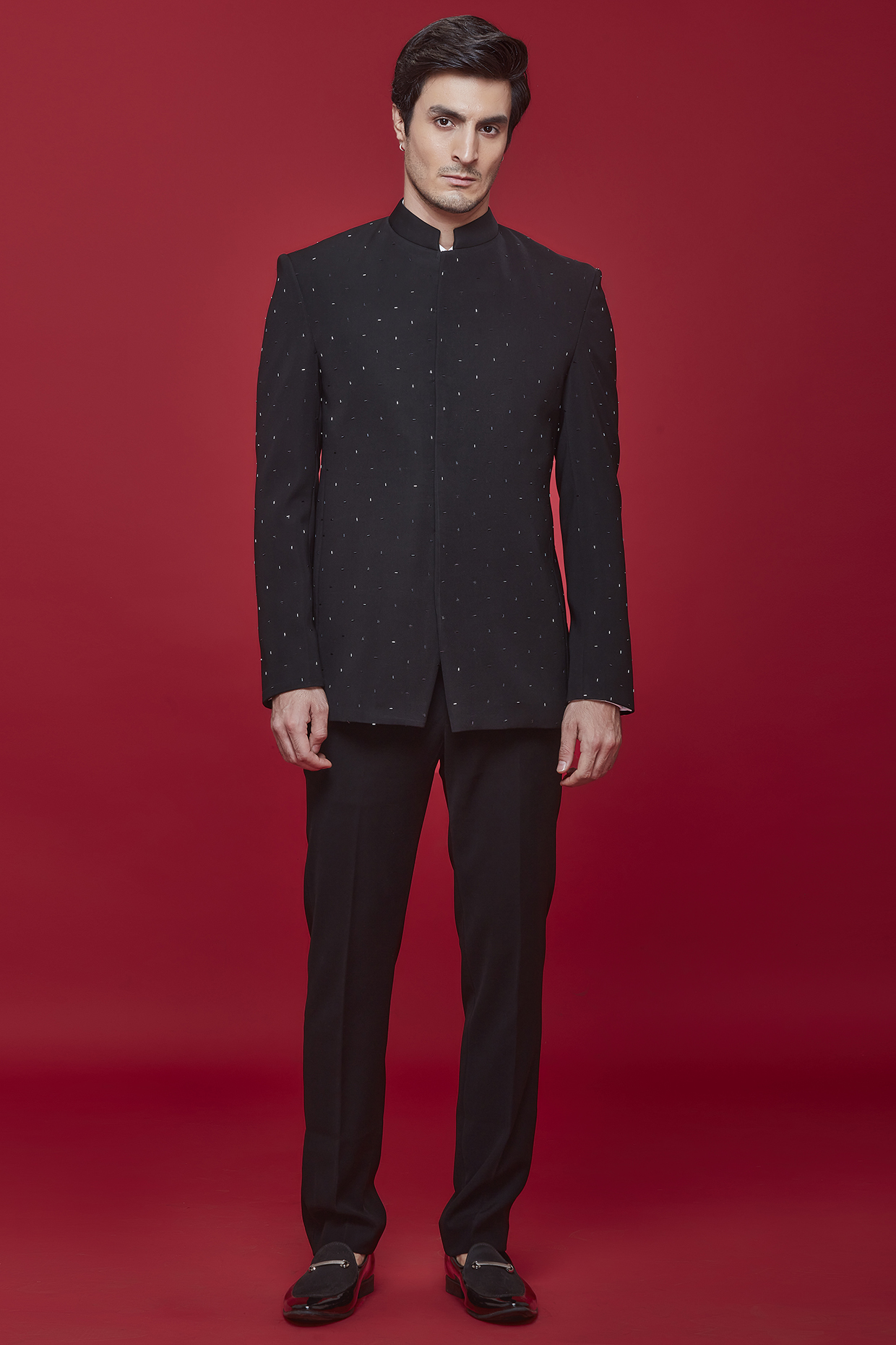 Black Polyester Viscose Embroidered Wedding Bandhgala Set by SVEN SUITS at Pernia's Pop Up Shop