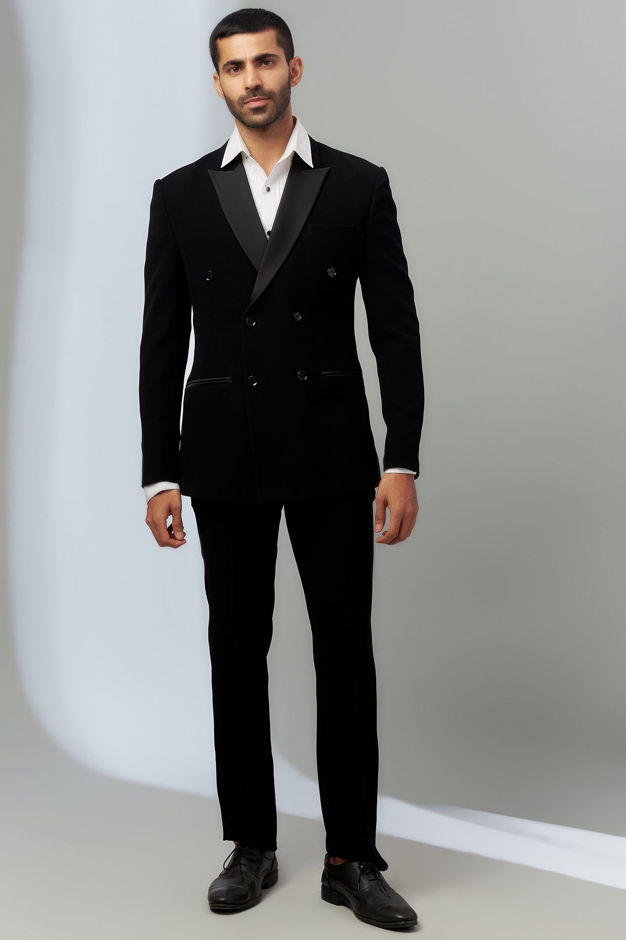Black Polyester Viscose Double Breasted Tuxedo Set by SVEN SUITS at Pernia's Pop Up Shop