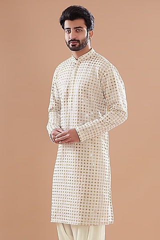 White Georgette Mirror Embroidered Kurta by SVEN SUITS
