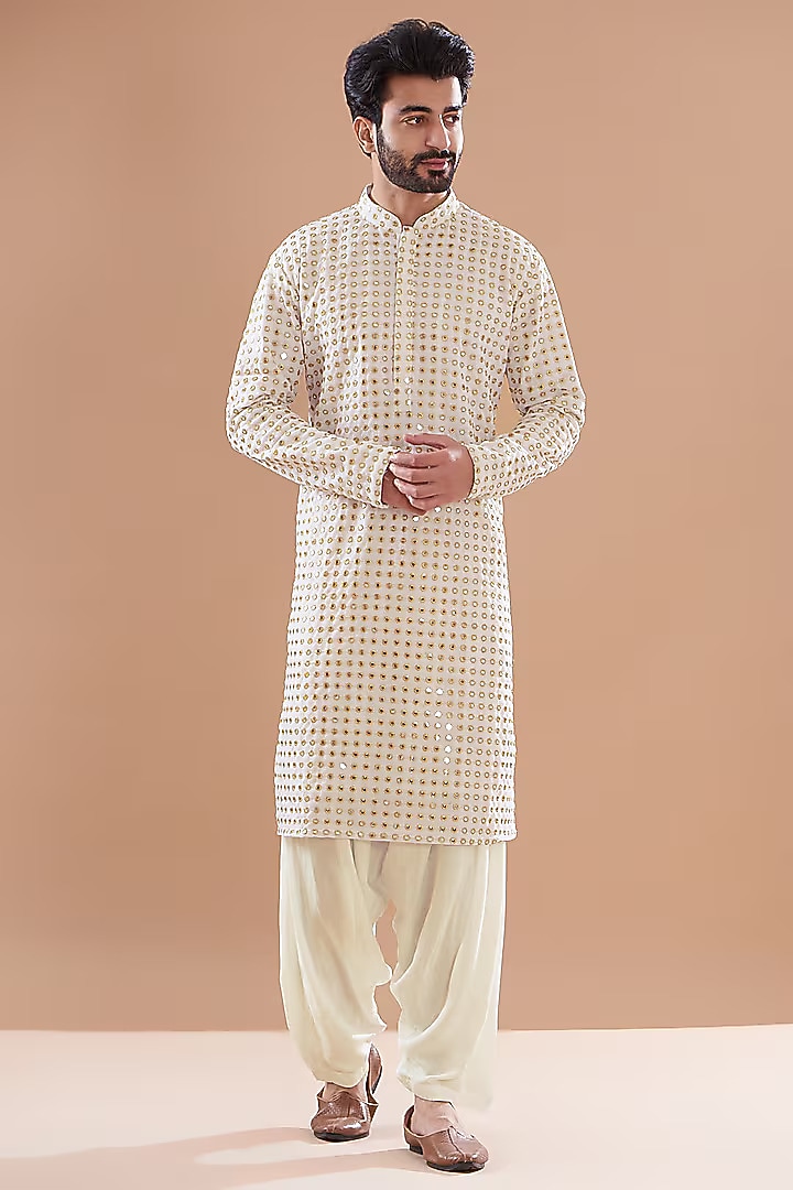 White Georgette Mirror Embroidered Kurta by SVEN SUITS at Pernia's Pop Up Shop