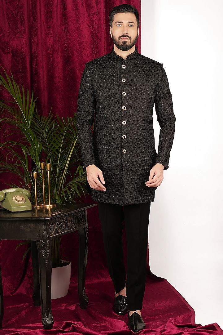 Black Faux Silk Hand Embroidered Sherwani Set by SVEN SUITS