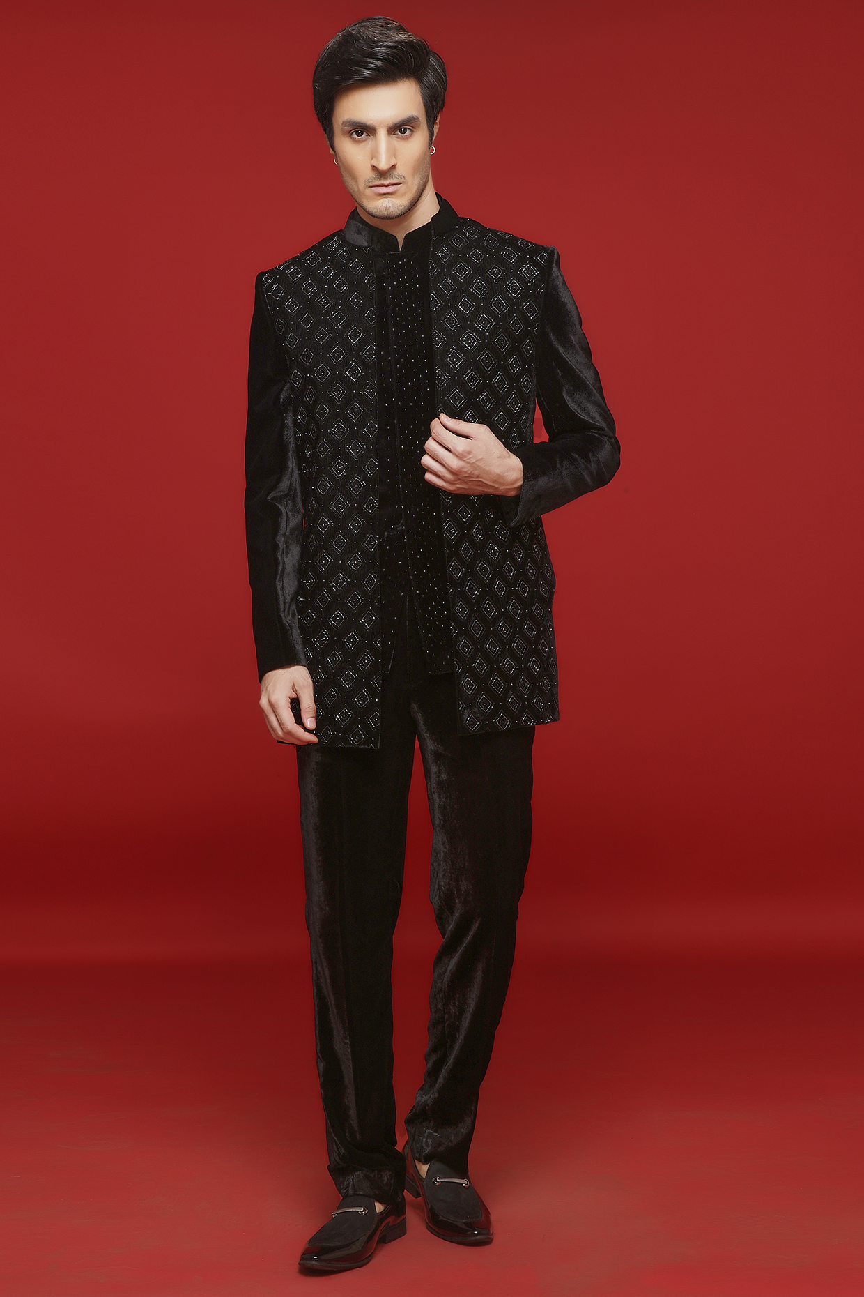 Black Velvet Embroidered Wedding Indowestern Set by SVEN SUITS at Pernia's Pop Up Shop