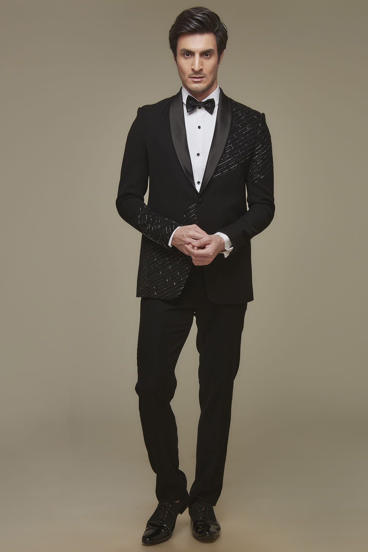 Black Polyester Stretch Embroidered Tuxedo Set by SVEN SUITS at Pernia's Pop Up Shop