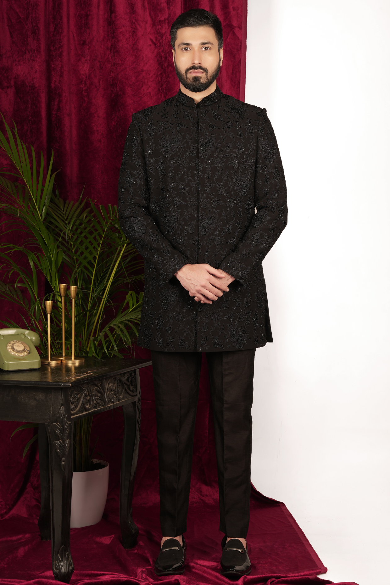 Black Japanese Polyester Viscose Embroidered Wedding Sherwani Set by SVEN SUITS at Pernia's Pop Up Shop
