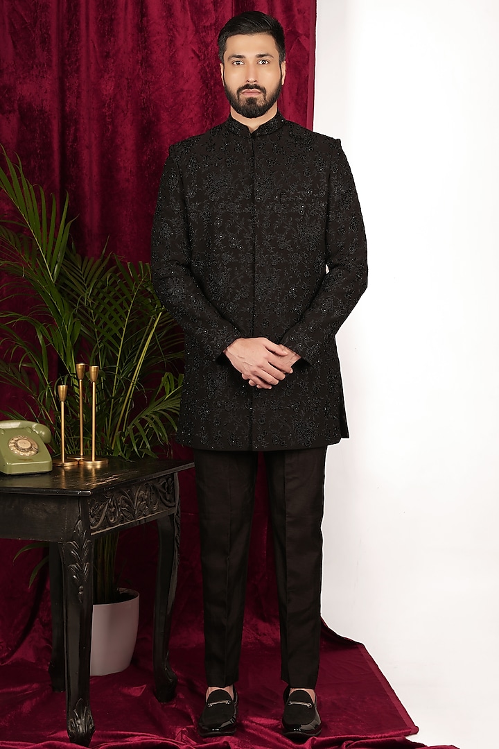 Black Japanese Polyester Viscose Embroidered Wedding Sherwani Set by SVEN SUITS at Pernia's Pop Up Shop