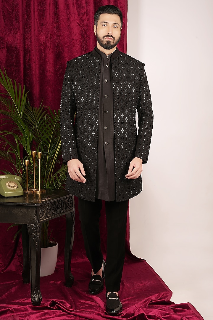 Black Silk Embroidered Indowestern Set by SVEN SUITS