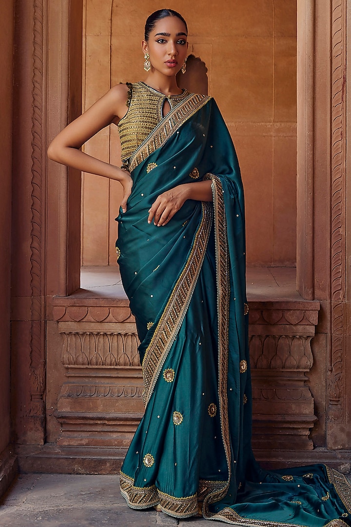 Green Raw Silk Linen Satin Zari & Sequins Embroidered Saree Set by Studio Bagechaa