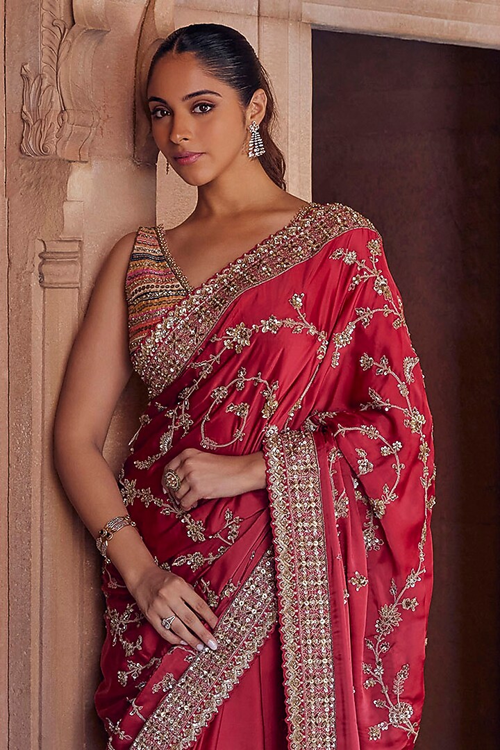 Red Raw Silk Sequins & Cutdana Hand Embroidered Reception Saree Set by Studio Bagechaa at Pernia's Pop Up Shop