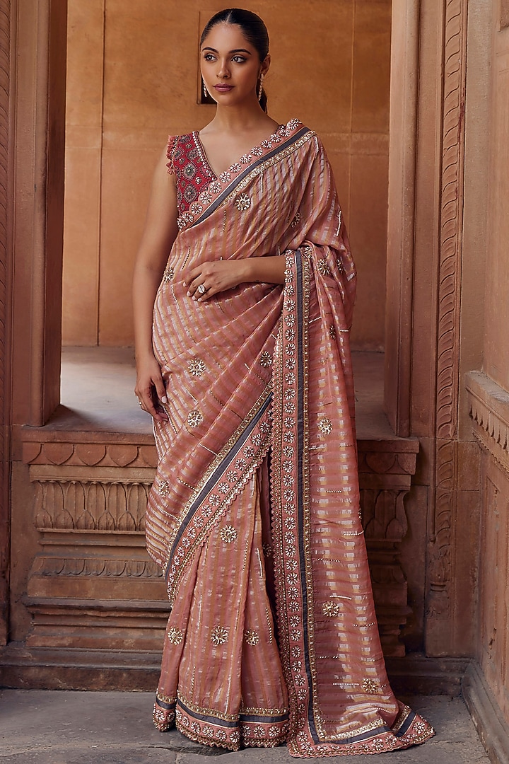 Blush Pink Raw Silk & Organza Tissue Cutdana Embroidered Reception Saree Set by Studio Bagechaa at Pernia's Pop Up Shop