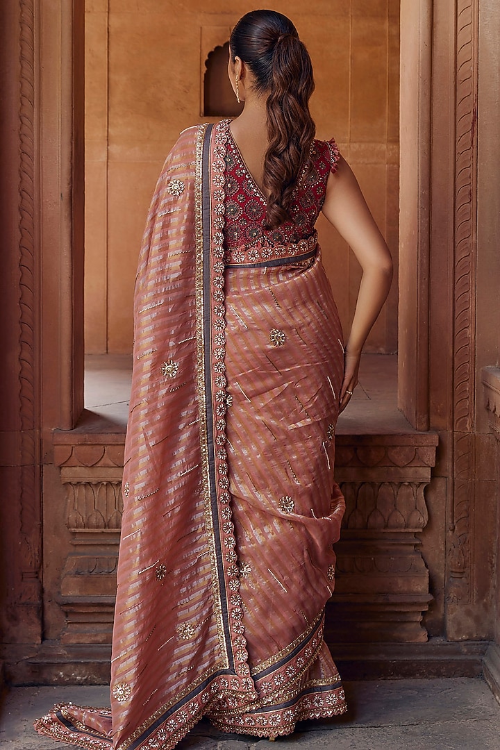 Blush Pink Raw Silk & Organza Tissue Cutdana Embroidered Reception Saree Set by Studio Bagechaa at Pernia's Pop Up Shop