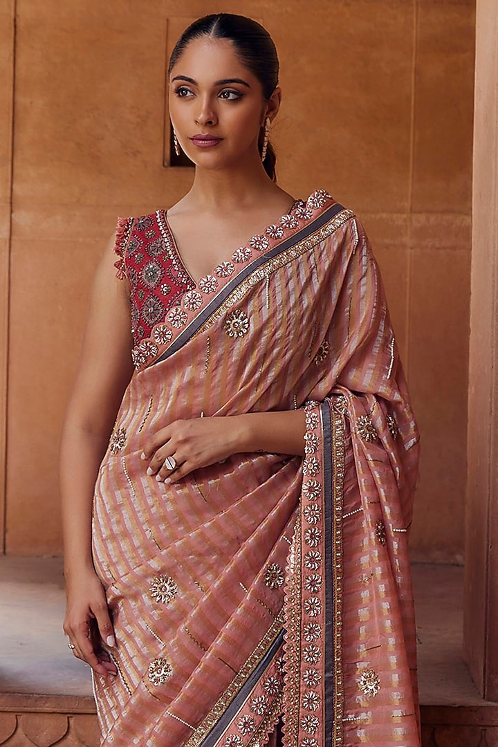 Blush Pink Raw Silk & Organza Tissue Cutdana Embroidered Reception Saree Set by Studio Bagechaa at Pernia's Pop Up Shop