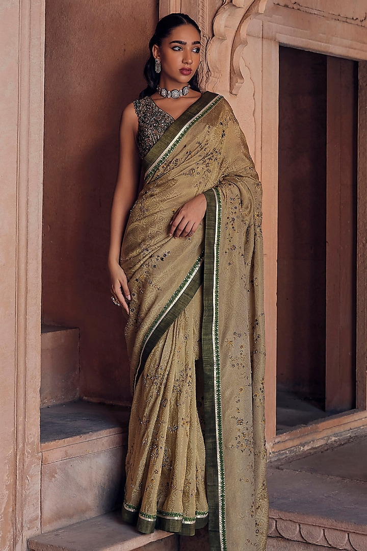 Sage Green Raw Silk Cutdana & Metal Work Saree Set by Studio Bagechaa at Pernia's Pop Up Shop