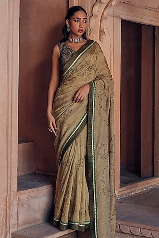 Sage Green Raw Silk Cutdana & Metal Work Saree Set by Studio Bagechaa