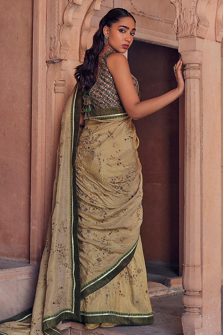 Sage Green Raw Silk Cutdana & Metal Work Reception Saree Set by Studio Bagechaa at Pernia's Pop Up Shop