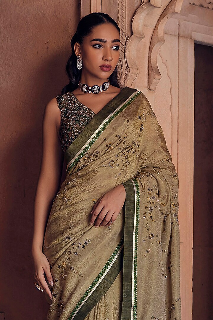Sage Green Raw Silk Cutdana & Metal Work Reception Saree Set by Studio Bagechaa at Pernia's Pop Up Shop