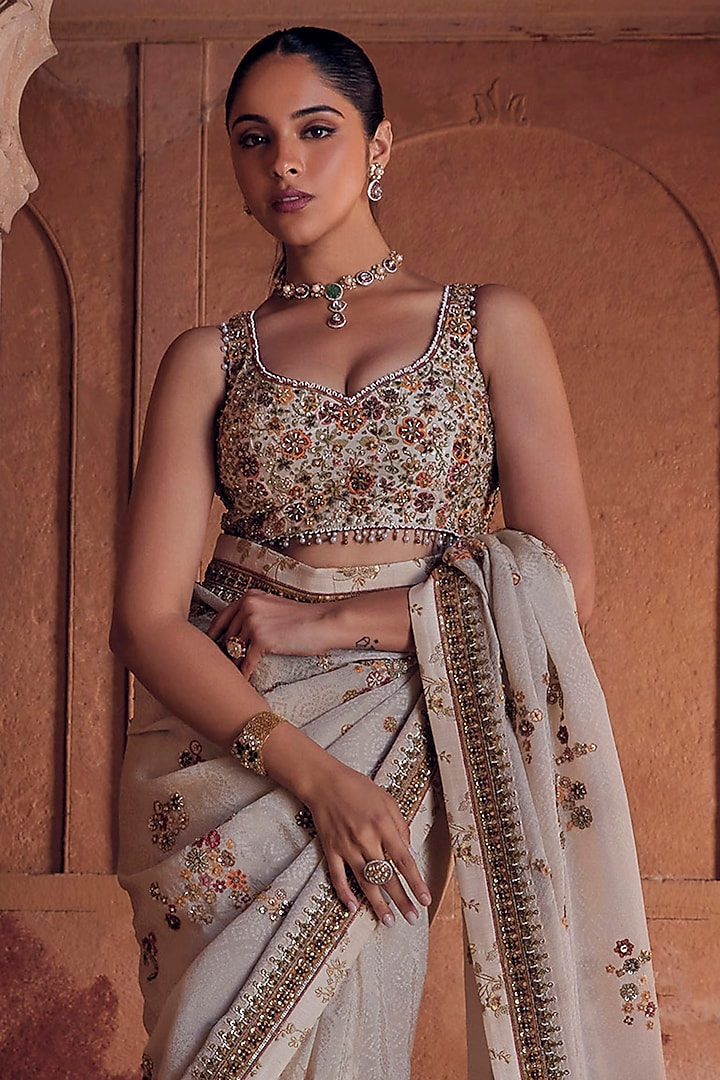 Ivory Raw Silk & Bandhani Tissue Dori Work Reception Saree Set by Studio Bagechaa at Pernia's Pop Up Shop