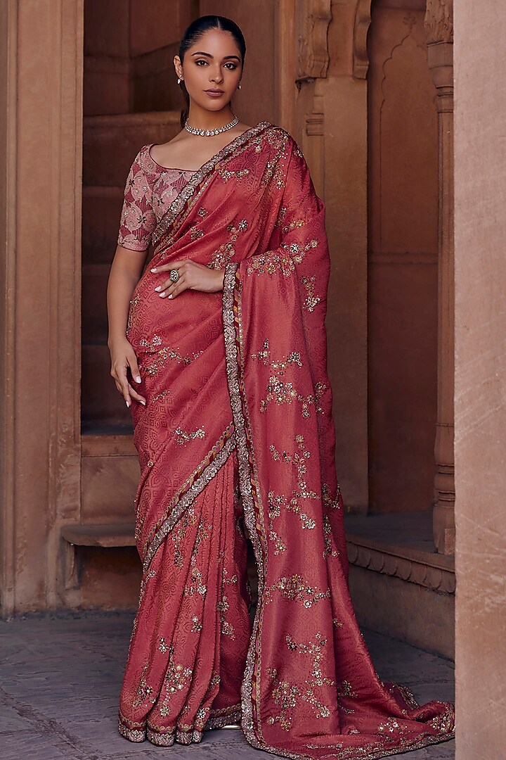 Onion Pink Raw Silk & Bandhani Tissue Cutdana Embroidered Saree Set by Studio Bagechaa at Pernia's Pop Up Shop