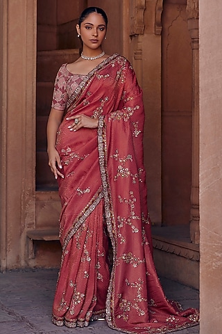 Onion Pink Raw Silk & Bandhani Tissue Cutdana Embroidered Saree Set by Studio Bagechaa